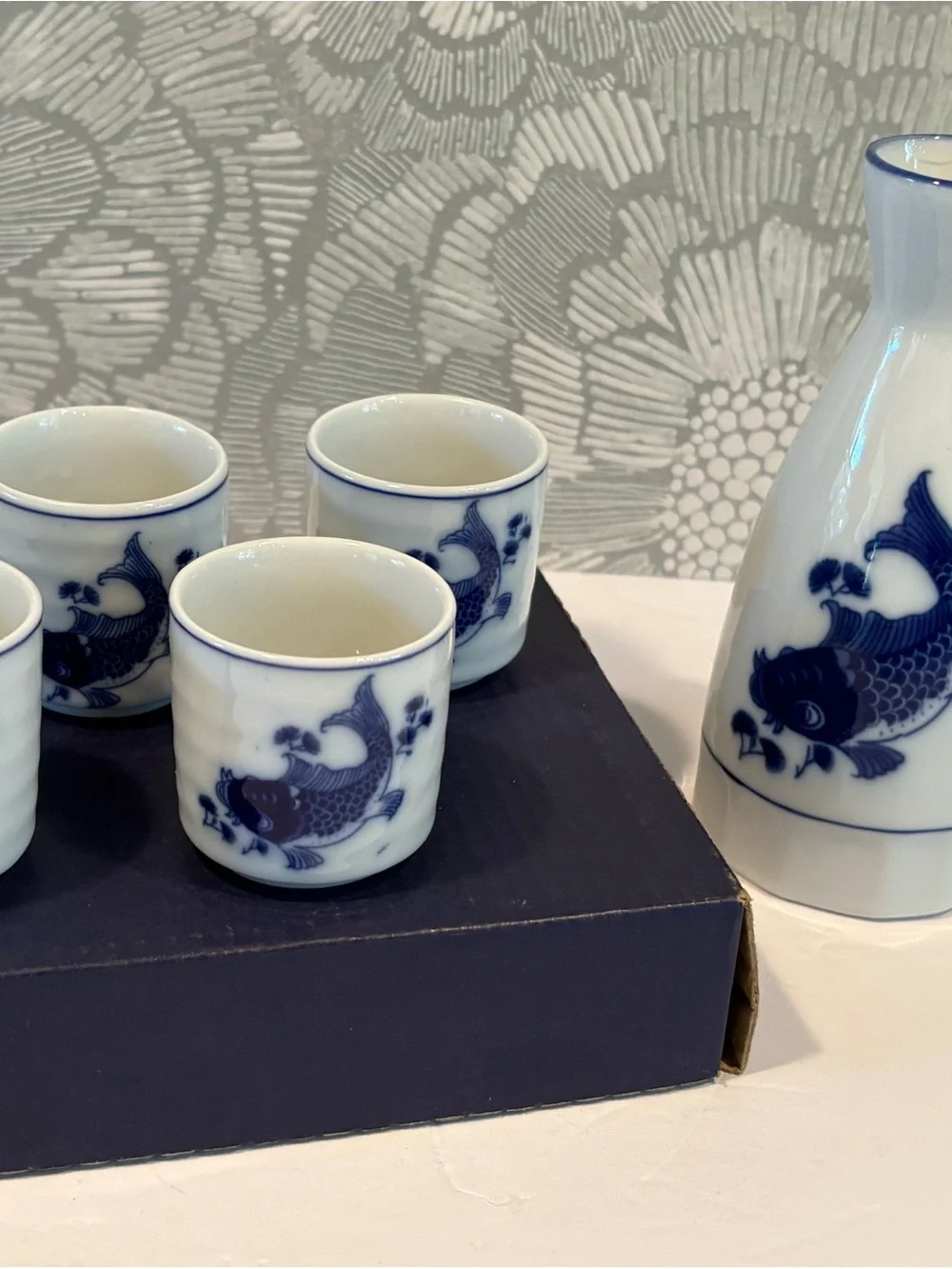 Vintage Blue & White Ceramic Koi Sake Set